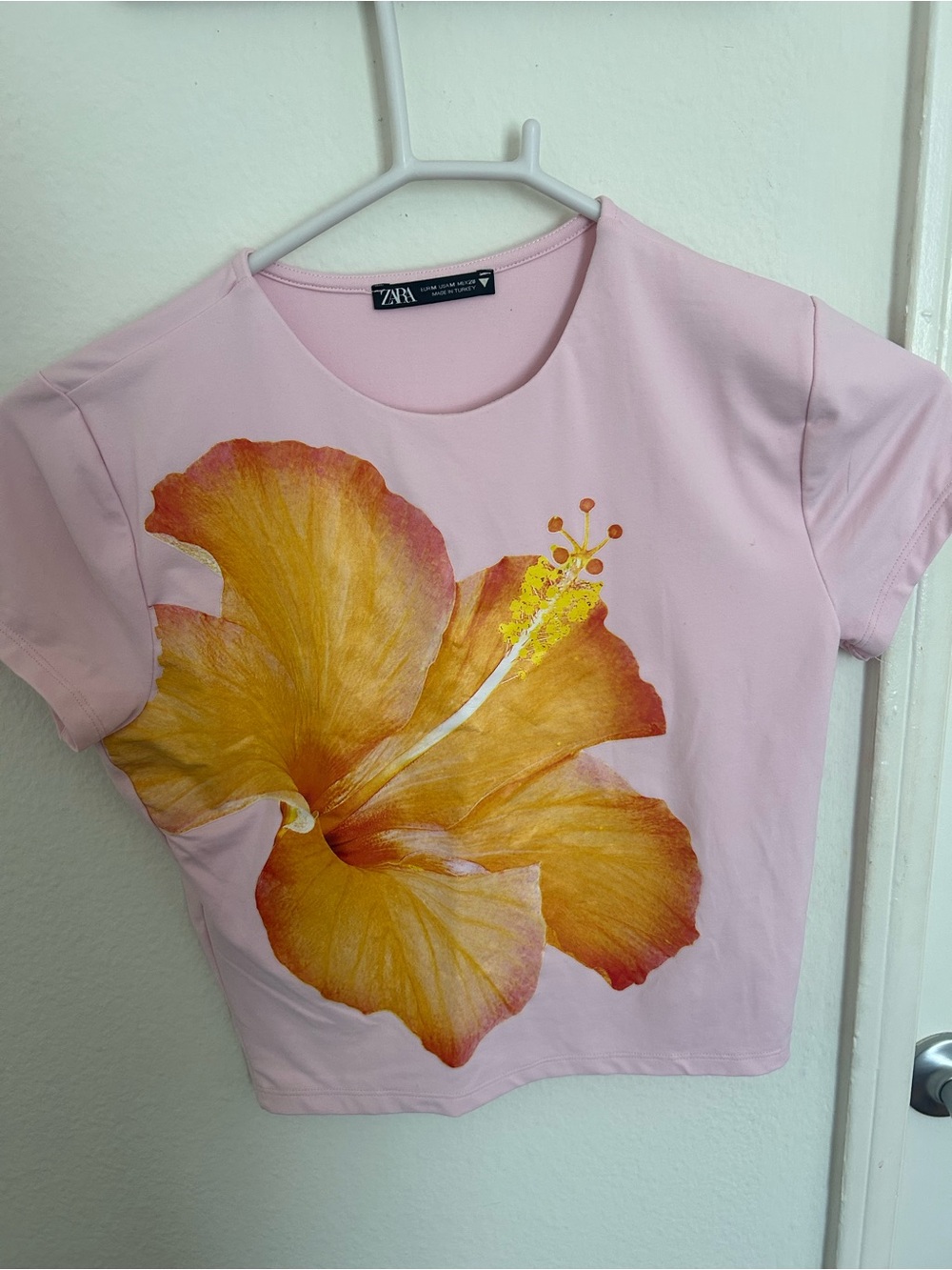 Zara Pink Tank Top with Large Yellow Hibiscus Print